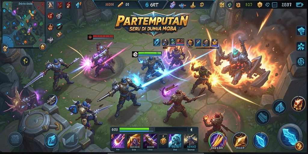 Screenshot utama 6RT menampilkan aksi pertempuran intens dalam arena MOBA.